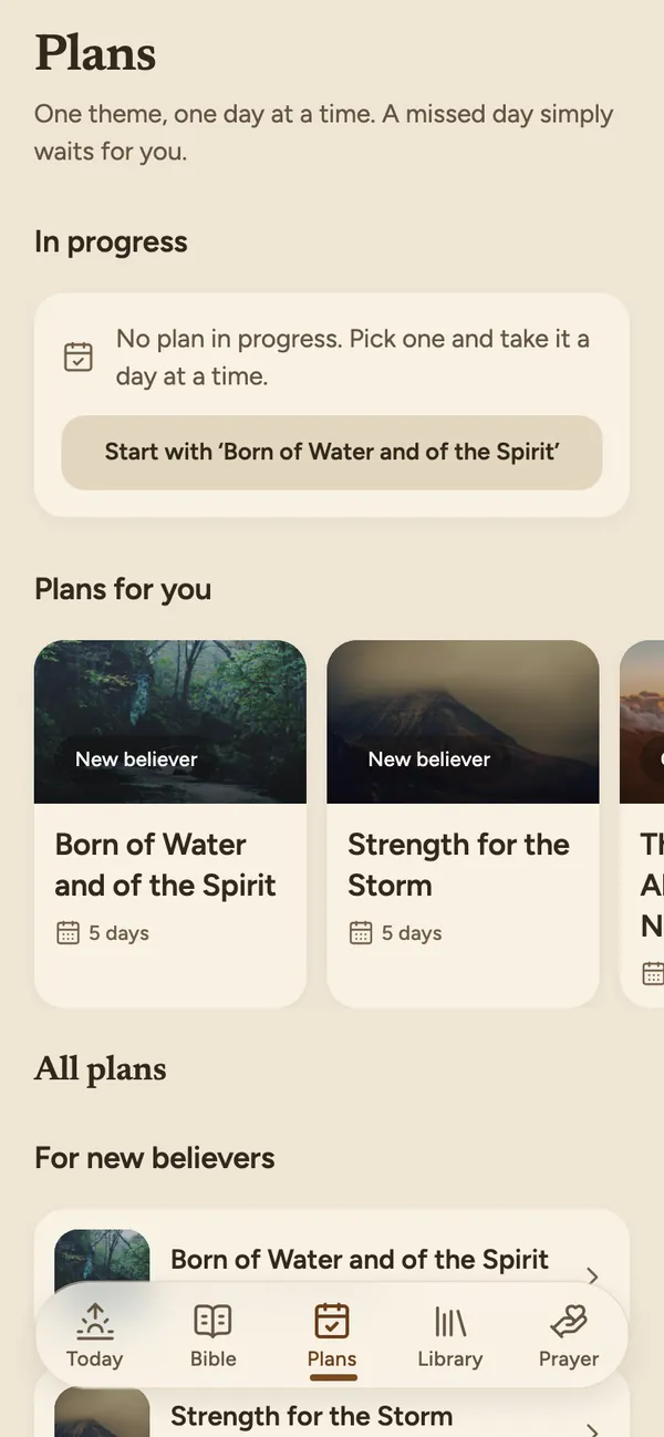 The Plans screen with reading plans illustrated by nature photographs.