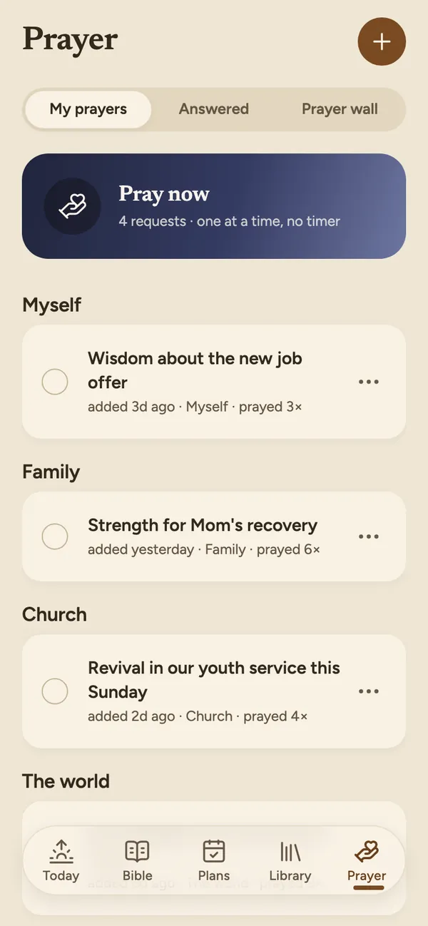 The Prayer screen with a personal prayer list grouped by family, church and the world.