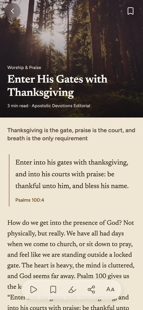 A devotion open in the reader: its photograph, title, key scripture from Psalm 100:4 and opening paragraphs.
